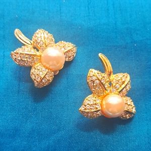 Pearl Pave Rhinestone Gold Floral Petal Statement Earrings Joan Rivers Classics